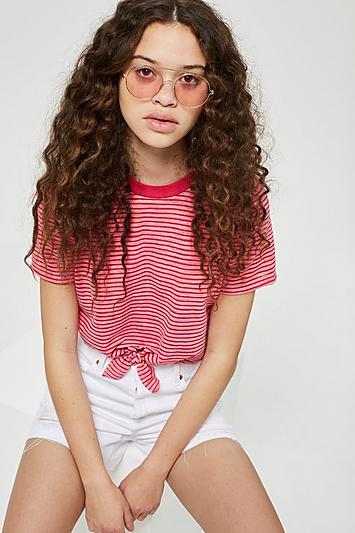 Gestreiftes T-shirt Mit Zierknoten - Pink