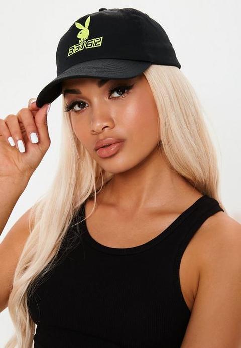 Playboy X Missguided Black Neon Yellow Bunny Slogan Cap, Black