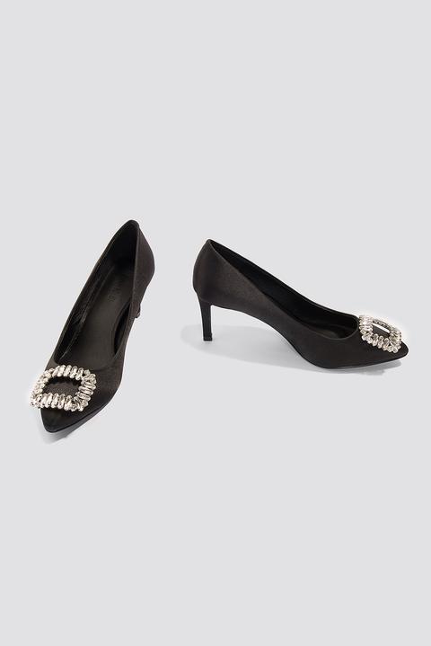 Embellished Mid Heel Satin Pumps Black