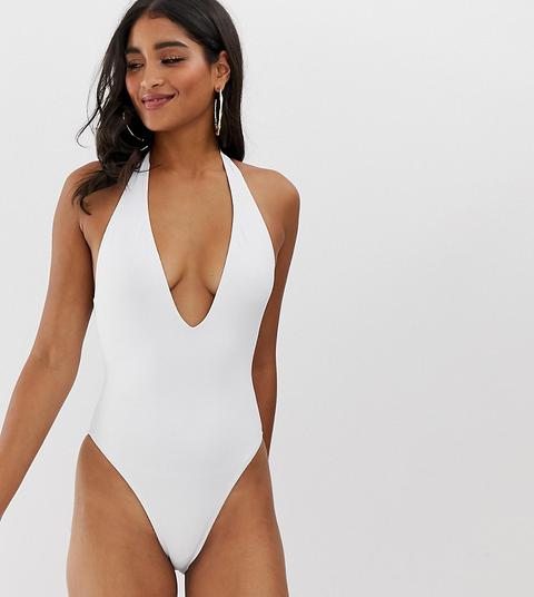 Missguided - Costume Da Bagno Bianco Con Scollo Profondo - Bianco