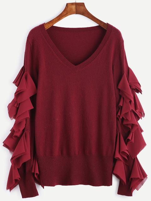 Jersey Escote V Con Gasa De Volantes Burdeos