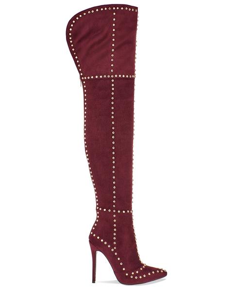 Slow Motion Oxblood Faux Suede Studded Thigh High Boots