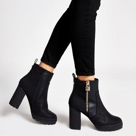 black faux leather block heel ankle boots