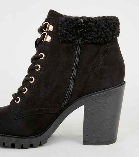 black lace up block heel booties