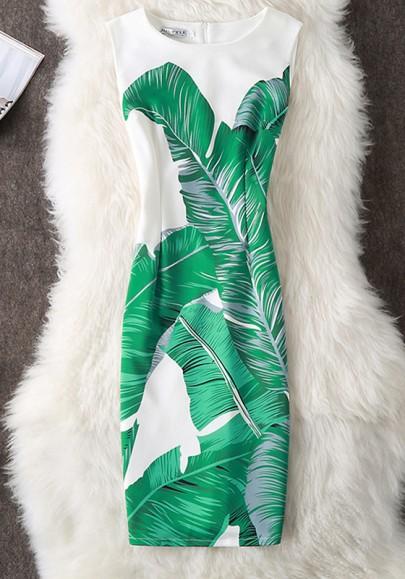 Green Floral Zipper Slit Round Neck Fashion Midi Dress