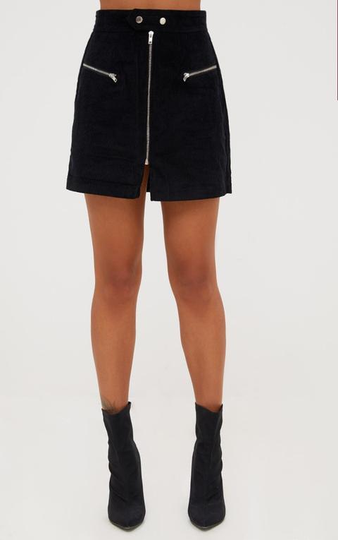 Black Cord Zip Up Mini Skirt