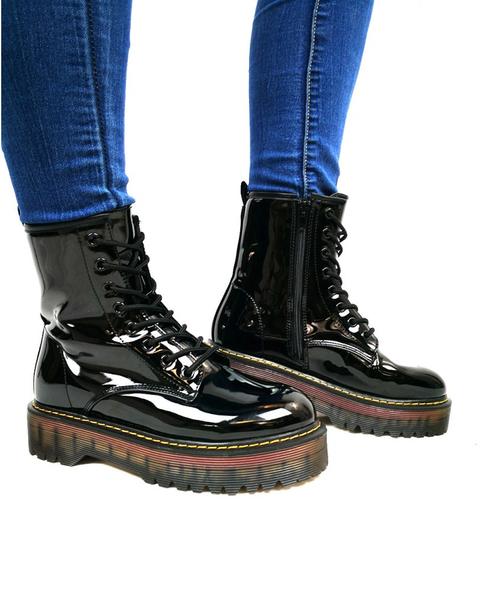 Botas Militar Brillantes Con Cordones Negras