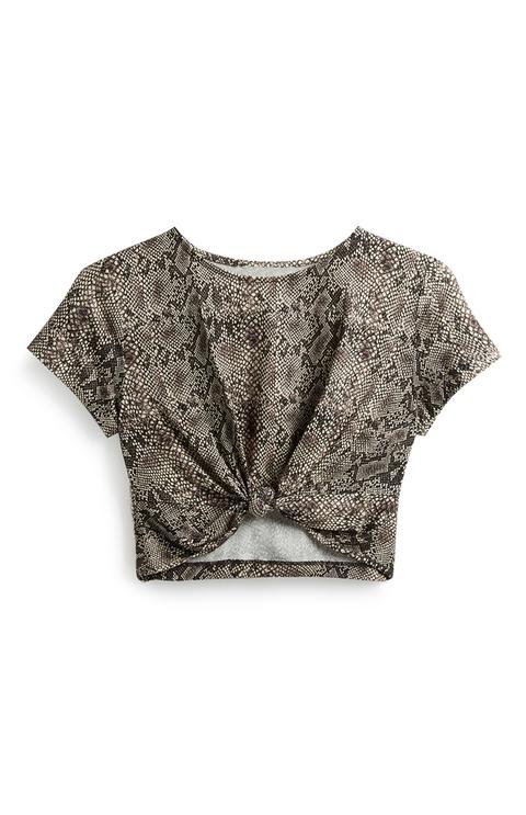 Snake Print Knot Front Crop Top