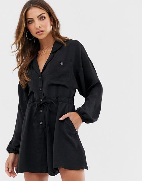 Asos Design Button Front Slouchy Tie Waist Boiler Playsuit-black