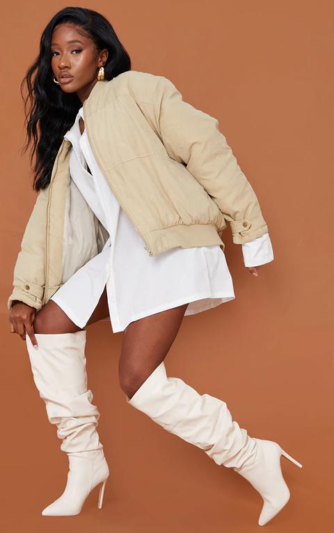 Cream Faux Leather Slouch Over The Knee Boots