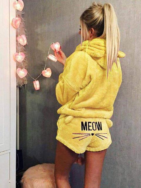 Yellow Letter "meow" Print High Waisted Cute Short Jumpsuit