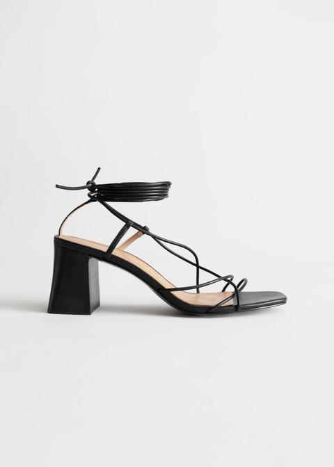 Leather Strappy Lace Up Heeled Sandals - Black