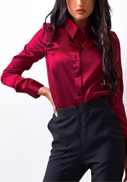 Red Single Breasted Turndown Collar Long Sleeve Fashion Blouse