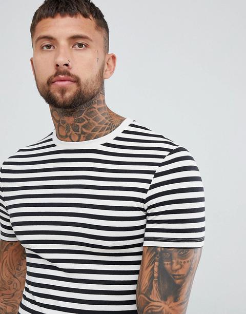 Asos Design - T-shirt Attillata A Righe Nere E Bianche - Nero