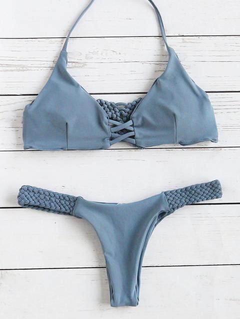 Grey Criss Cross Braided Strap Halter Bikini Set