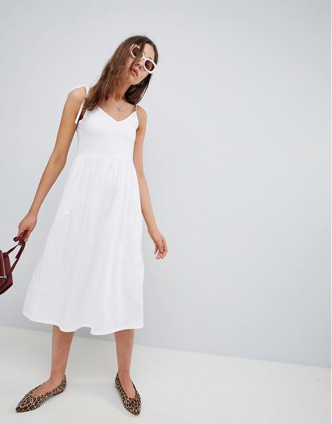 Asos Design Midi Smock Sundress With Tie Straps - White