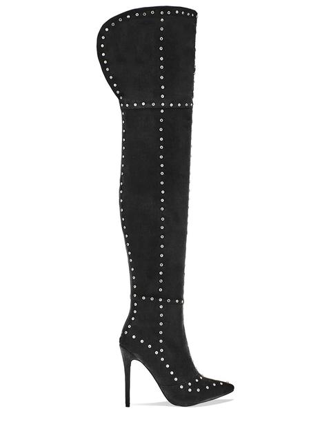 Rumours Black Faux Suede Diamante Studded Thigh High Boots