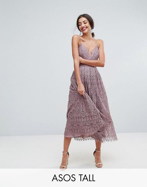 Asos Tall - Vestito Midi Da Cerimonia In Pizzo Con Spalline - Viola