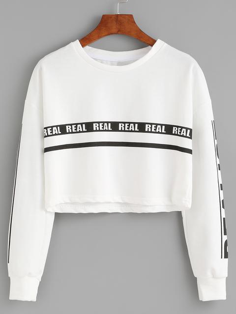 White Letter Print Crop Sweatshirt