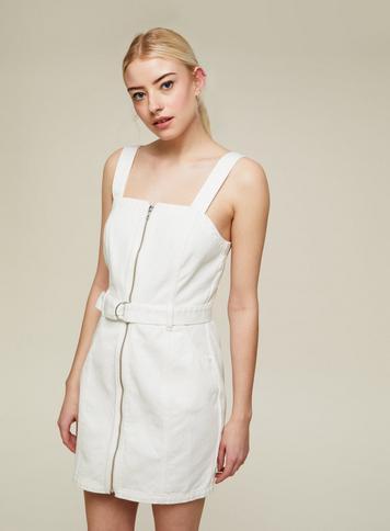 Womens White Zip Front Denim Pinafore Dress, White