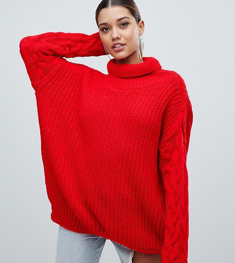 Prettylittlething - Maglione Lavorato A Trecce Rosso - Rosso