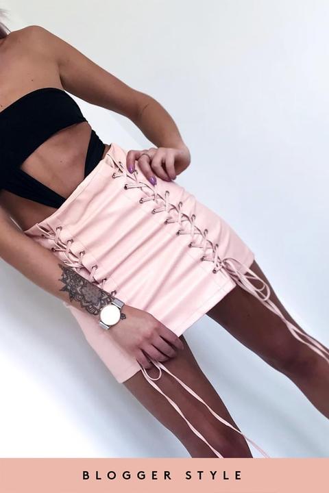 Samantha Nude Pu Lace Up Mini Skirt