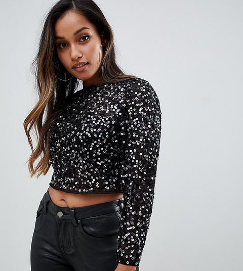 Asos Design Petite - Top A Maniche Lunghe Con Decorazione Di Paillettes - Nero