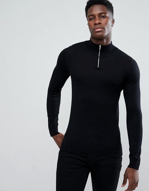 Asos Design Turtle Neck Jumper With Zip In Black - Black