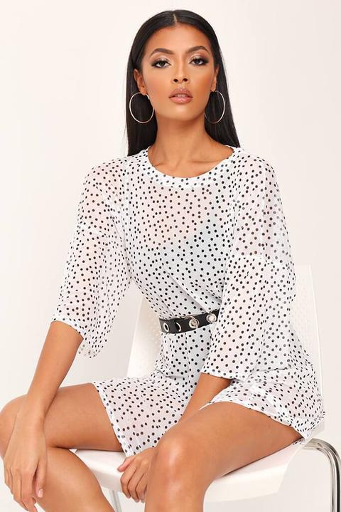 White/black Polka Dot Mesh Oversized T Shirt Dress