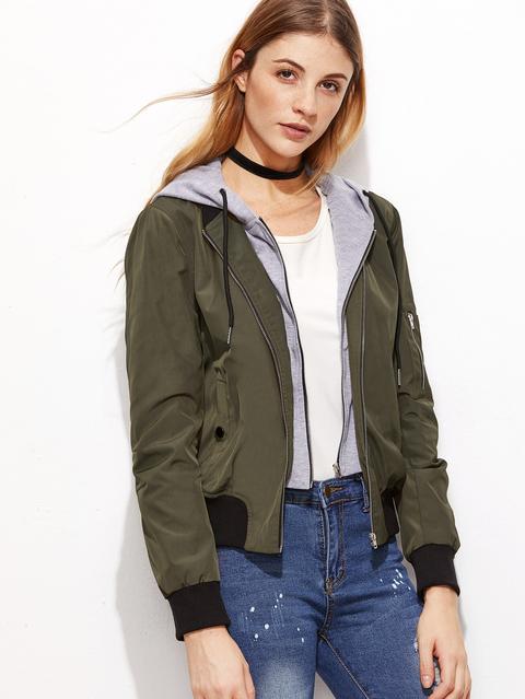 Olive Green Contrast Hood 2 In 1 Bomber Jacket