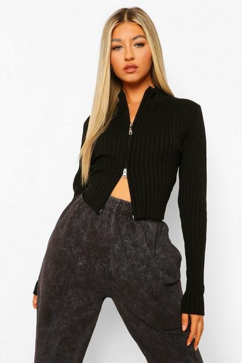 Womens Tall Rib Knit Zip Through Cardigan - Black - 12, Black