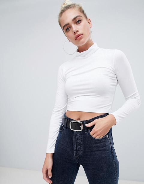 Asos Design Turtle Neck Crop Top With Long Sleeve In White