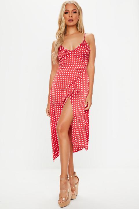 Red Strappy Polka Dot Split Midi Dress, Red