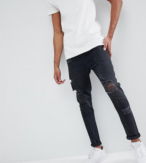 Vaqueros De Tiro Caído En Negro Desgastado Con Rotos Grandes De Asos Design Tall