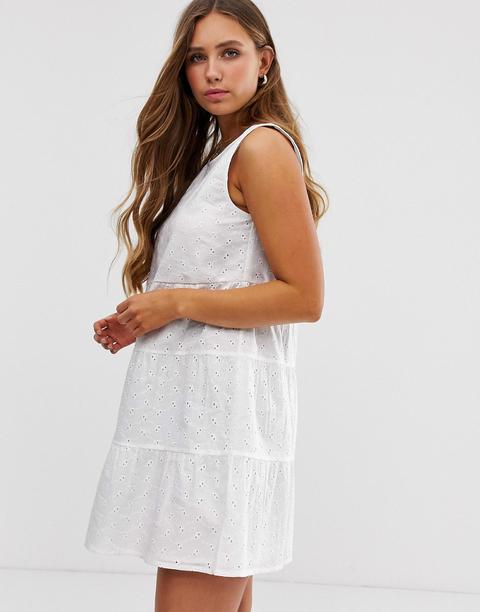 Asos Design Sleeveless Tiered Mini Smock Dress In Broderie-white