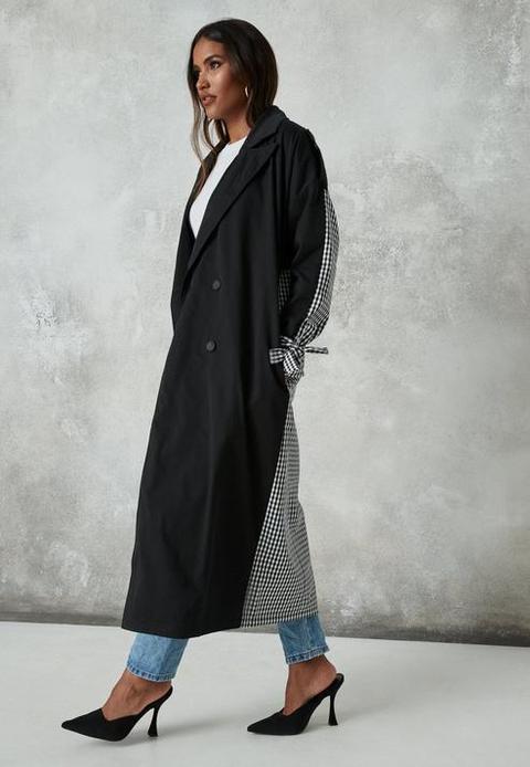 Black Check Mix Trench Coat, Black from Missguided on 21 Buttons