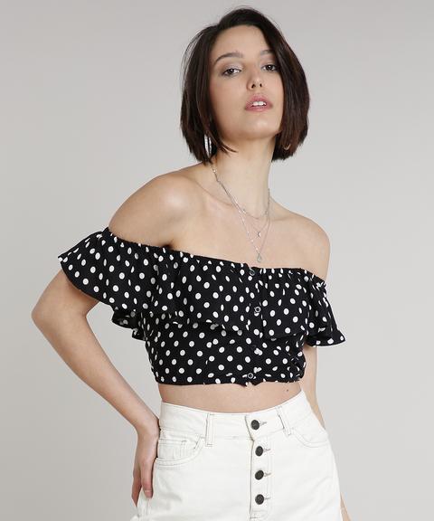 Blusa Feminina Cropped Estampada De Poá Com Babado Ombro A Ombro Manga Curta Preta