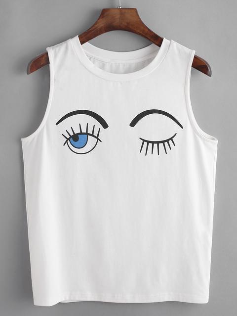 White Wink Eyes Print Tank Top