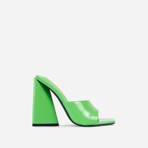 Avalon Square Peep Toe Sculptured Flared Block Heel Mule In Green Patent, Green