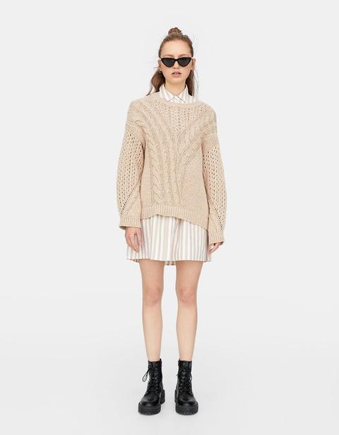 Maglia A Punto Intrecciato Beige Melangiato