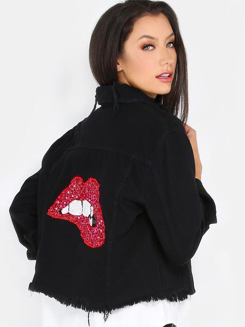 Sequins Lips Distressed Denim Jacket Black