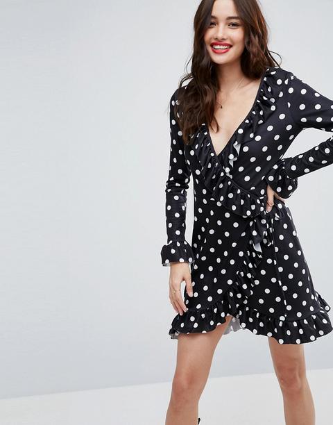 Vestido De Tarde Con Parte Delantera Cruzada Con Volantes Y Diseño A Lunares De Asos