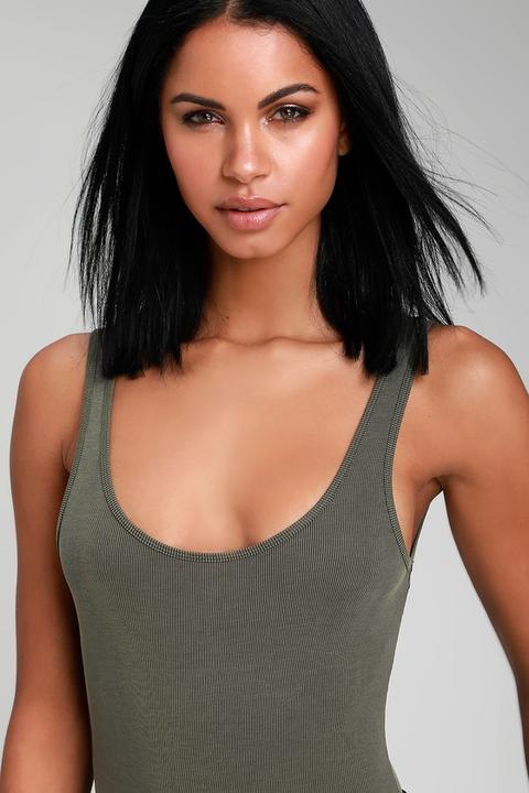 Mckenna Olive Green Ribbed Sleeveless Bodysuit - Lulus