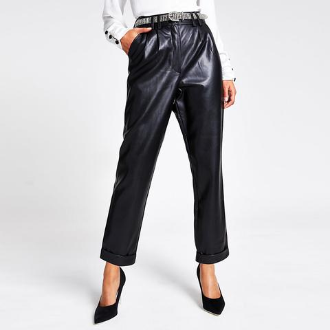Black Faux Leather Diamante Belted Trousers