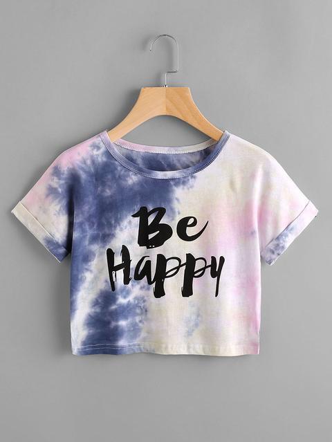 Tie Dye Slogan Print Cuffed Tshirt