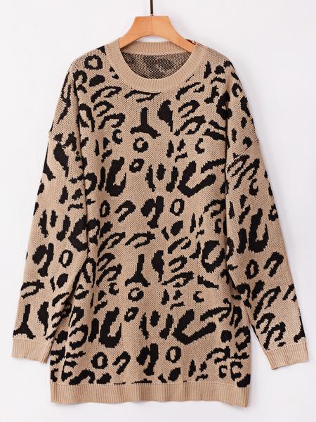 Maglione Oversize A Maniche Lunghe Leopardo Animali Cachi