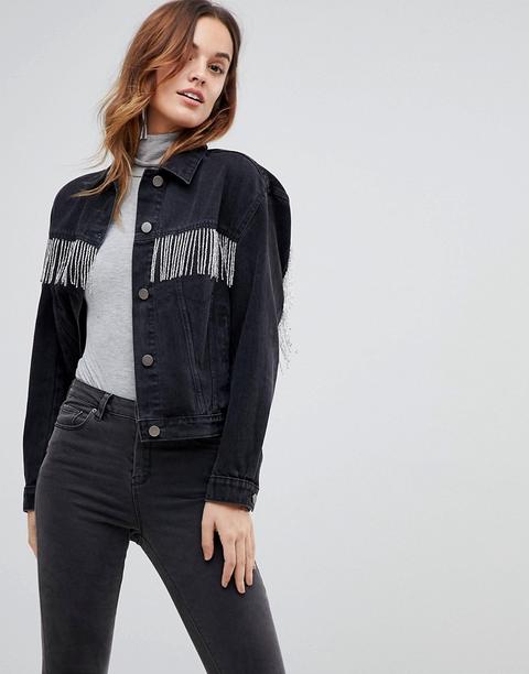 Asos Design - Giacca Di Jeans Nero Délavé Con Frange Decorate Con Perline - Nero