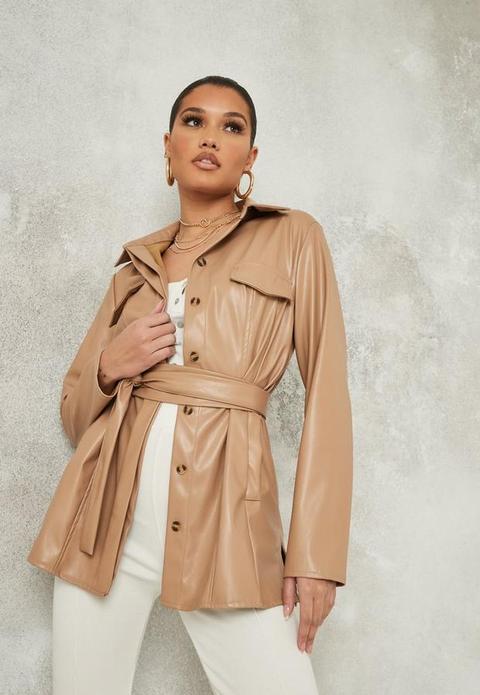 Taupe Faux Leather Belted Shacket, Stone