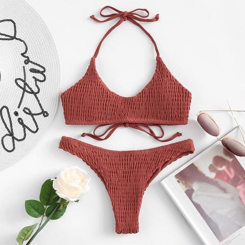 Shirred Halter Top With Hipster Bikini Set