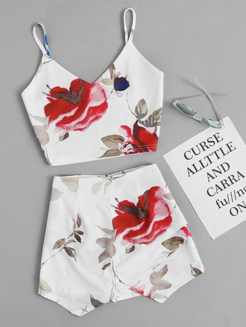 Camisola Corta Con Estampado Floral Al Azar Con Falda Sobrepuesta